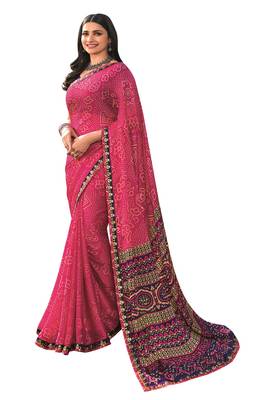 Pink printed georgette saree with blouse 1