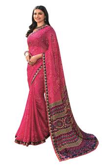 Pink printed georgette saree with blouse