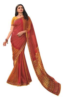 Red printed georgette saree with blouse 1