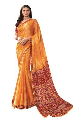 Yellow printed georgette saree with blouse 1