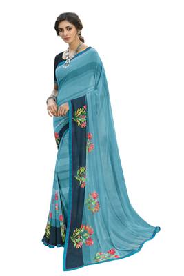 Blue printed georgette saree with blouse 1