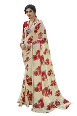 Beige printed georgette saree with blouse 1