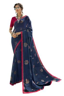 Dark blue printed georgette saree with blouse 1