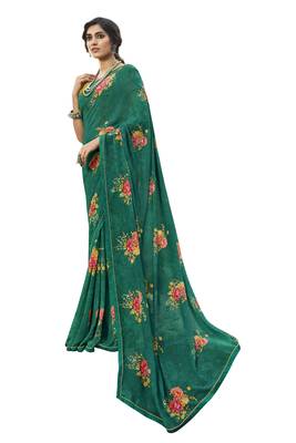 Dark green printed georgette saree with blouse 1