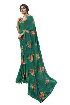 Dark green printed georgette saree with blouse
