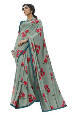 Grey printed georgette saree with blouse 1