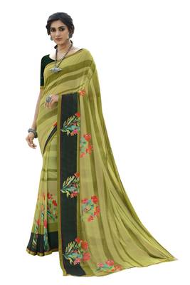 Olive printed georgette saree with blouse 1