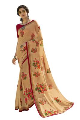 Peach printed georgette saree with blouse 1