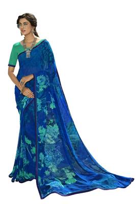 Aqua blue printed georgette saree with blouse 1