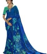 Aqua blue printed georgette saree with blouse