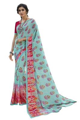 Sky blue printed georgette saree with blouse 1