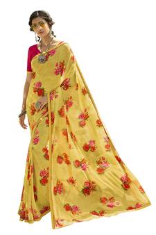 Yellow printed georgette saree with blouse