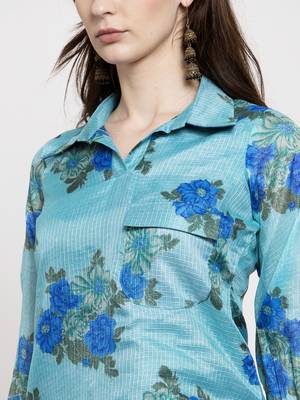 Blue printed cotton short-dresses 2