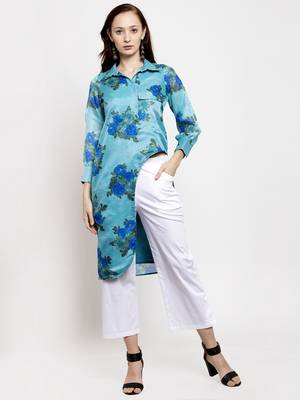 Blue printed cotton short-dresses 4