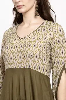 Beige printed viscose rayon long-dresses