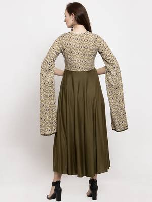 Beige printed viscose rayon long-dresses 3