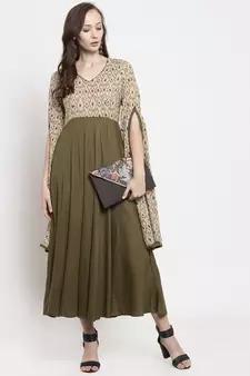 Beige printed viscose rayon long-dresses