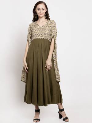 Beige printed viscose rayon long-dresses 5