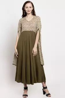 Beige printed viscose rayon long-dresses