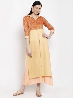 Gold printed cotton long-dresses 2
