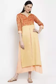 Gold printed cotton long-dresses