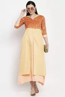 Gold printed cotton long-dresses