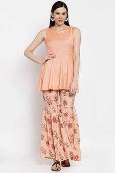 Peach printed viscose rayon short-dresses