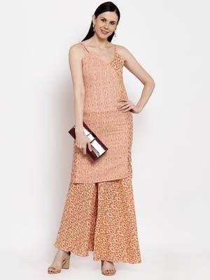 Peach printed cotton long-dresses 1