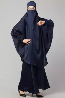 Navy Premium Shine Nida  Two pc Khimer & Skirt Ready to wear Instant Hijab cum Naqab Set