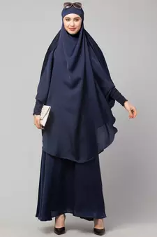 Navy Premium Shine Nida  Two pc Khimer & Skirt Ready to wear Instant Hijab cum Naqab Set