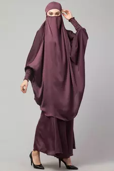 Plum Premium Shine Nida  Two pc Khimer & Skirt Ready to wear Instant Hijab cum Naqab Set
