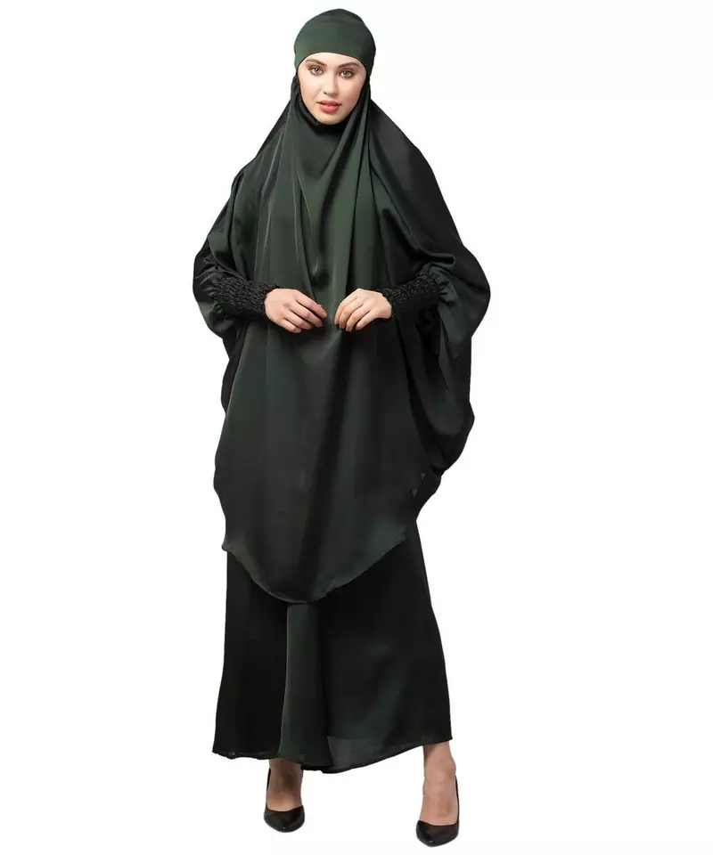 Batle Green Premium Shine Nida  Two pc Khimer & Skirt Ready to wear Instant Hijab cum Naqab Set