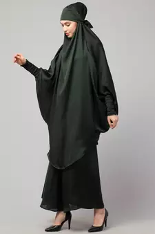 Batle Green Premium Shine Nida  Two pc Khimer & Skirt Ready to wear Instant Hijab cum Naqab Set