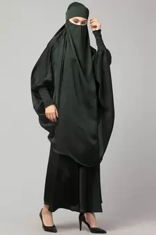 Batle Green Premium Shine Nida  Two pc Khimer & Skirt Ready to wear Instant Hijab cum Naqab Set