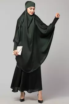 Batle Green Premium Shine Nida  Two pc Khimer & Skirt Ready to wear Instant Hijab cum Naqab Set