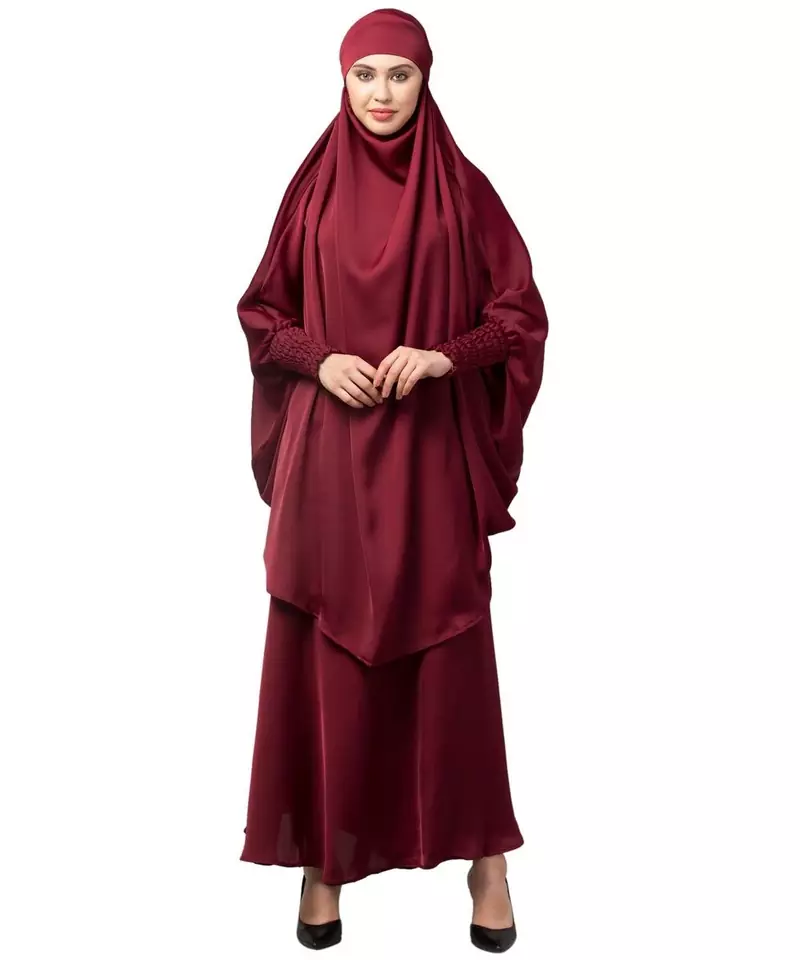 Maroon Premium Shine Nida  Two pc Khimer & Skirt Ready to wear Instant Hijab cum Naqab Set