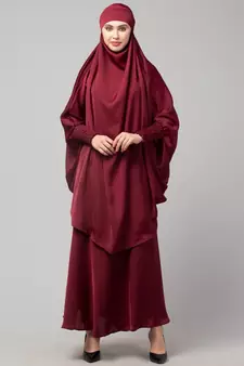 Maroon Premium Shine Nida  Two pc Khimer & Skirt Ready to wear Instant Hijab cum Naqab Set