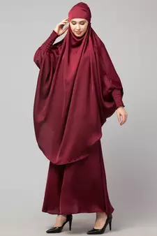 Maroon Premium Shine Nida  Two pc Khimer & Skirt Ready to wear Instant Hijab cum Naqab Set