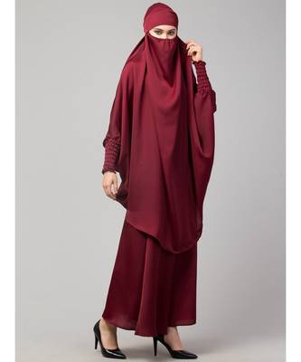 Maroon Premium Shine Nida  Two pc Khimer & Skirt Ready to wear Instant Hijab cum Naqab Set 4