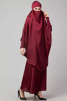 Maroon Premium Shine Nida  Two pc Khimer & Skirt Ready to wear Instant Hijab cum Naqab Set