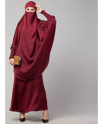 Maroon Premium Shine Nida  Two pc Khimer & Skirt Ready to wear Instant Hijab cum Naqab Set 6