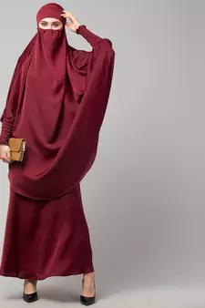 Maroon Premium Shine Nida  Two pc Khimer & Skirt Ready to wear Instant Hijab cum Naqab Set