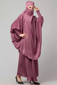 Mauve Pink Premium Shine Nida  Two pc Khimer & Skirt Ready to wear Instant Hijab cum Naqab Set