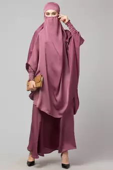 Mauve Pink Premium Shine Nida  Two pc Khimer & Skirt Ready to wear Instant Hijab cum Naqab Set