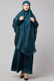 Nazneen Hijab & Naqab Set Two-Piece Full Sleeve Teal Plain