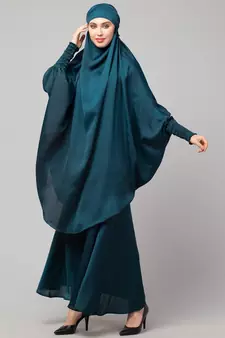 Nazneen Hijab & Naqab Set Two-Piece Full Sleeve Teal Plain