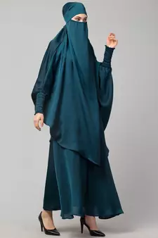 Nazneen Hijab & Naqab Set Two-Piece Full Sleeve Teal Plain