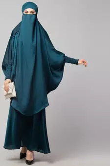 Nazneen Hijab & Naqab Set Two-Piece Full Sleeve Teal Plain