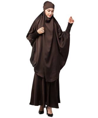 Chocolate Brown Premium Shine Nida  Two pc Khimer & Skirt Ready to wear Instant Hijab cum Naqab Set 1