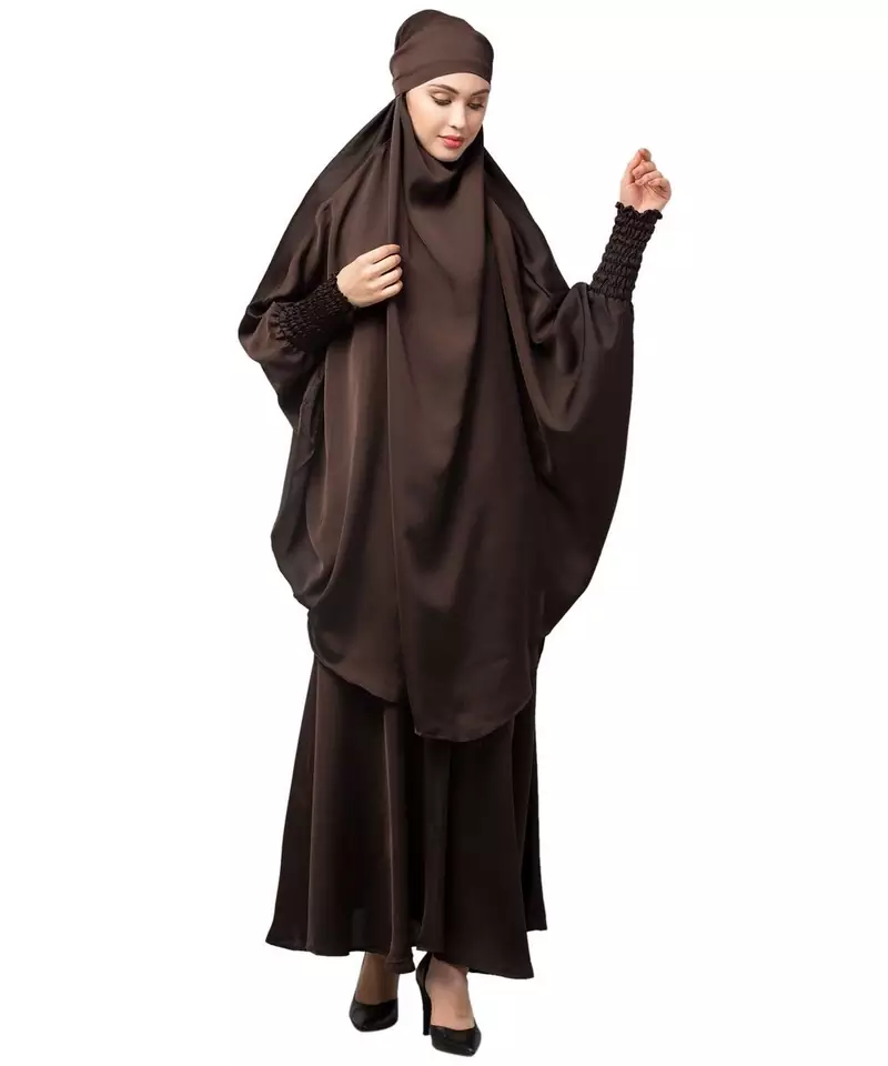 Chocolate Brown Premium Shine Nida  Two pc Khimer & Skirt Ready to wear Instant Hijab cum Naqab Set